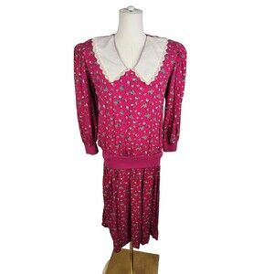 Vintage 80s Natalie Magenta Floral Drop Waist Dress Size 8P